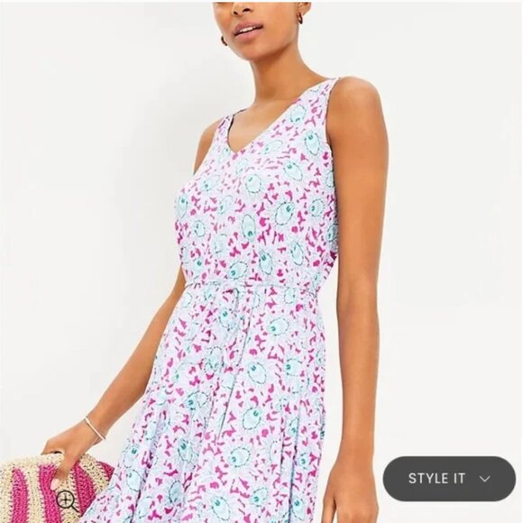 LOFT Womens Bloom Godet Double V Mini Dress Large Floral Sleeveless Stretch - Picture 3 of 14